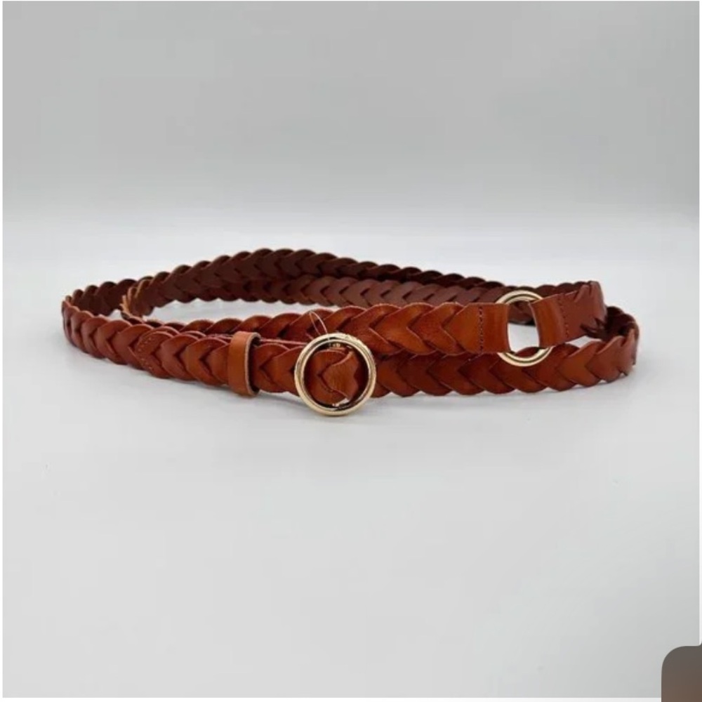 Frame Denim Braided Leather Belt with Gold Rings - Brown